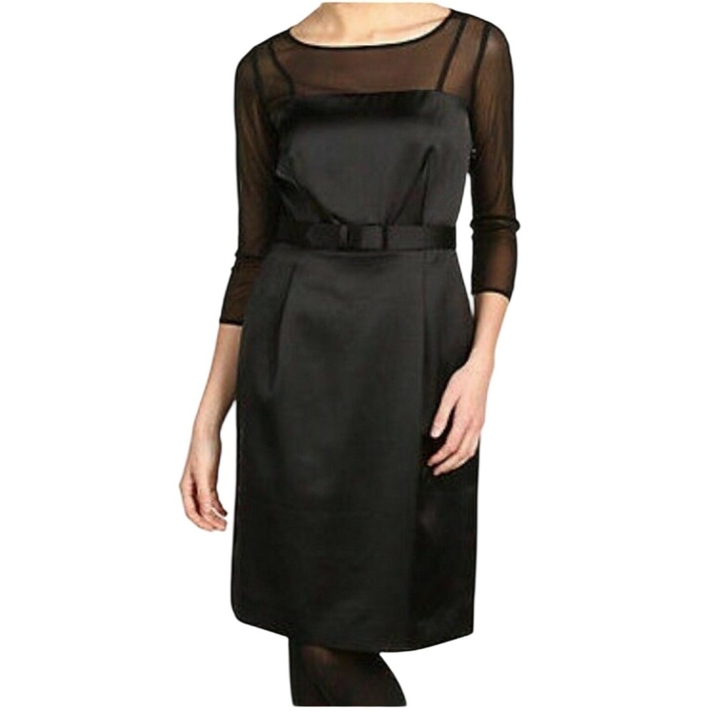 Tahari Arthur S Levine Black Satin Mesh Yoke Belted Cocktail Dress 14